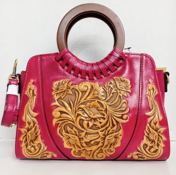 NWT Patricia Nash Lyon Tooled Leather Satchel, crossbody strap, Fuchsia Multi - Picture 2 of 10